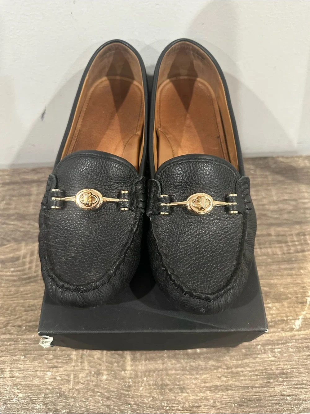 Coach Black Leather Men's Loafers with Gold Bit